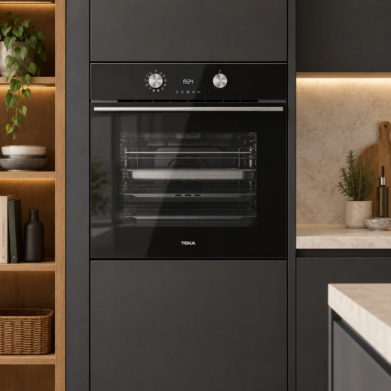 Teka HLB 8550 SC oven built into a dark kitchen tower unit